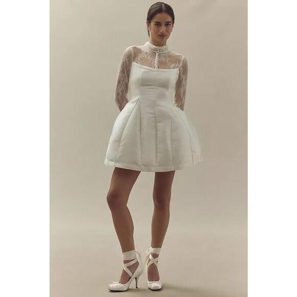 BHLDN High Neck Lace Fit & Flare Mini Skirt Dress Long Sleeves Size 2 Ivory - Picture 3 of 4